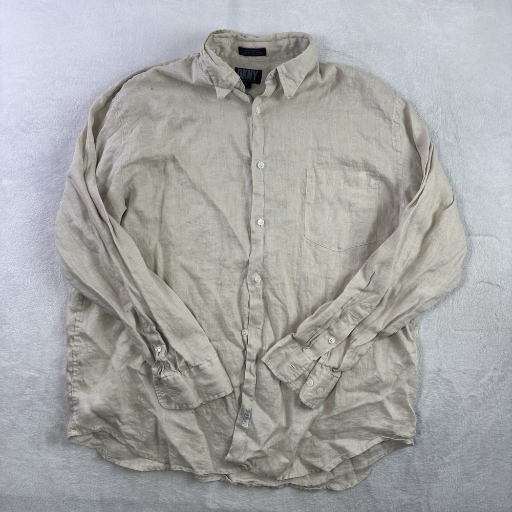 DKNY Linen Beige Long Sleeve Button Up Collared Shirt Men's XL